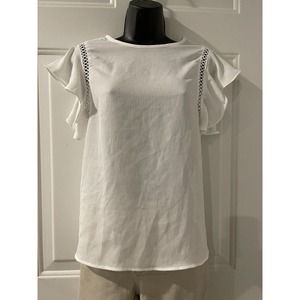Haute Monde White Shirt Blouse Top Sz M flutter sleeves workwear